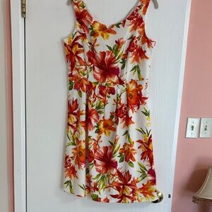 Floral White & Orange Sleeveless Summer Dress